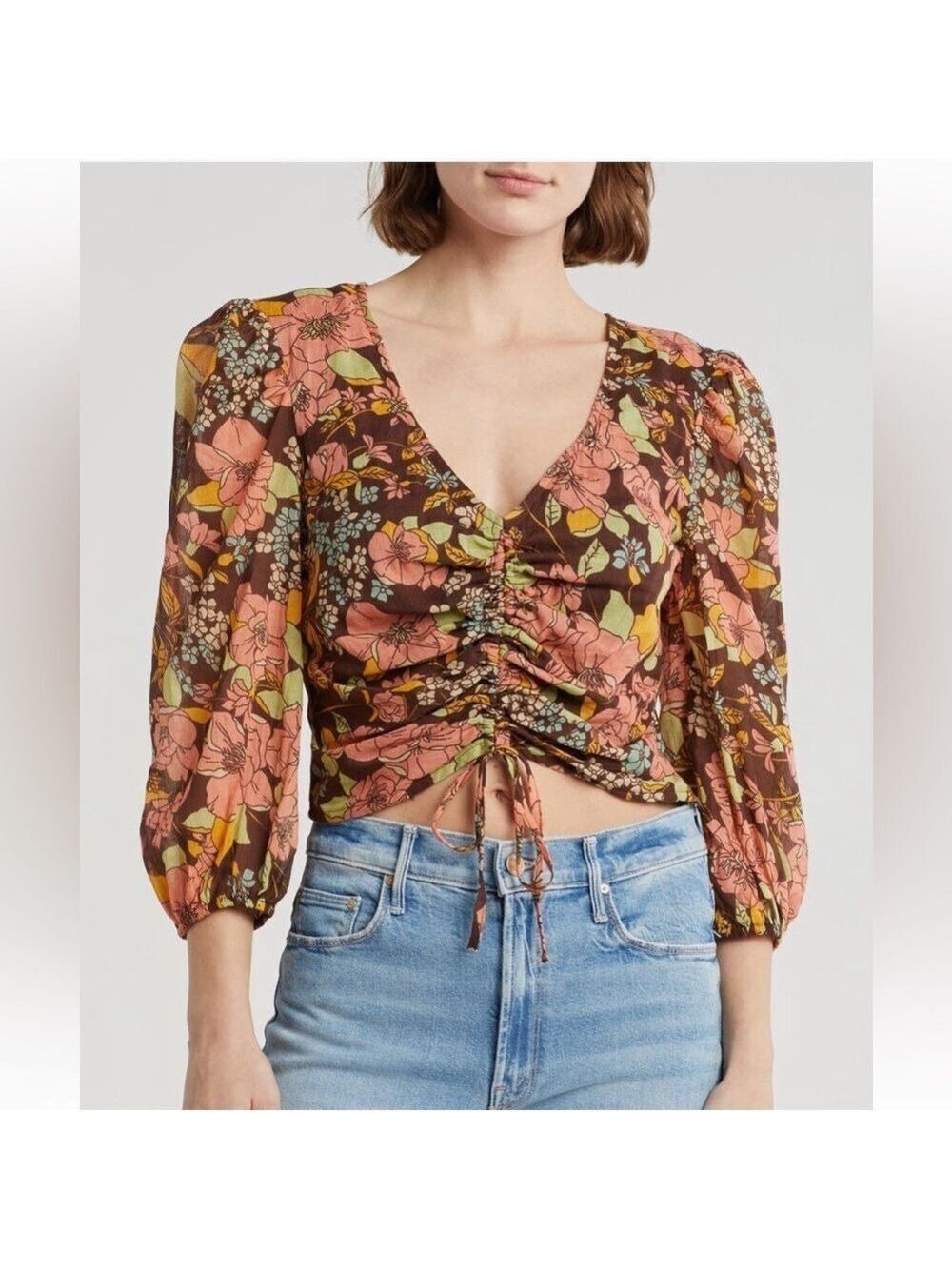 MOTHER Floral Ruched Tie-Front Crop Top Brown Pink Green NWT